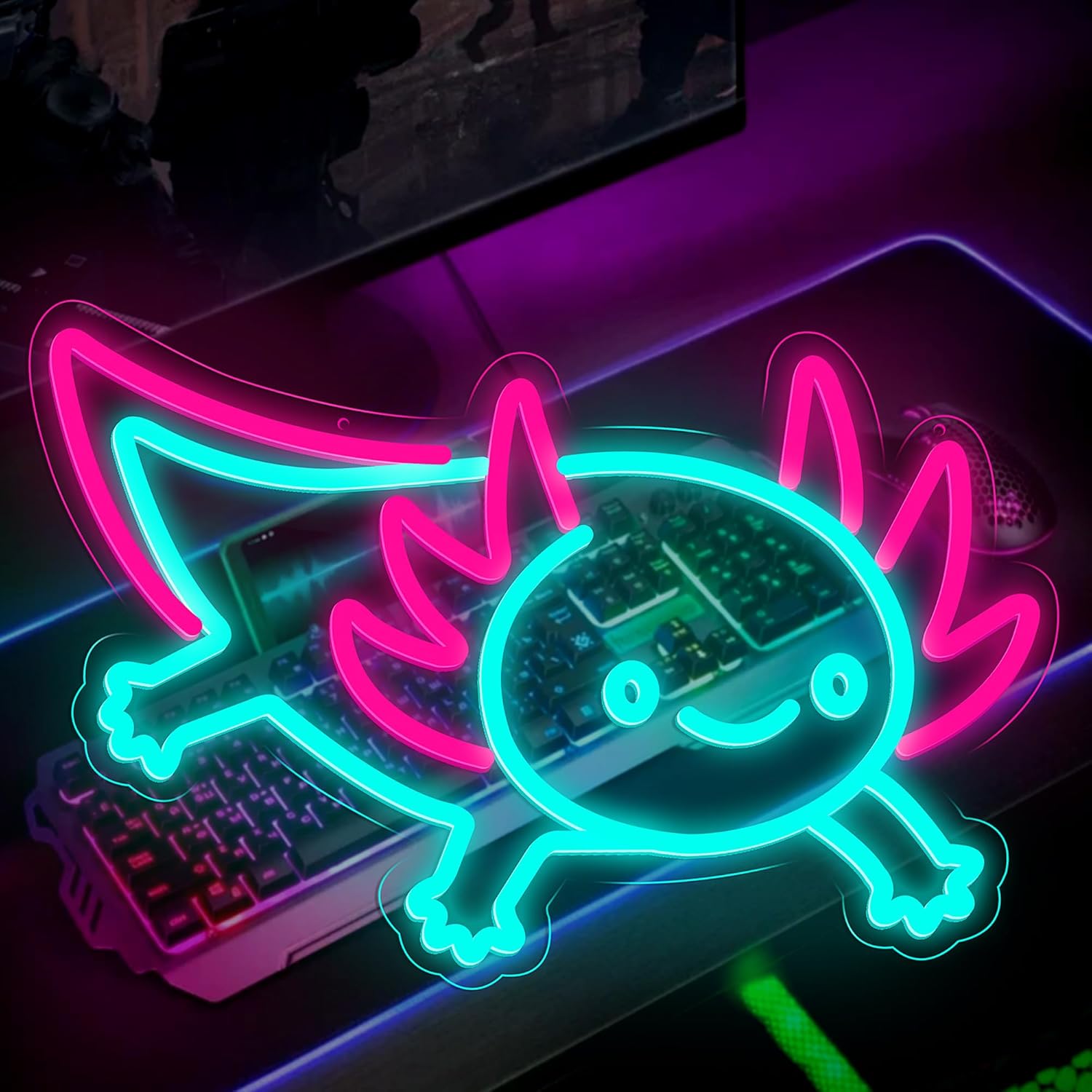 Desk Setup Studio - Lampu Neon LED Axolotl Dragon, Dapat