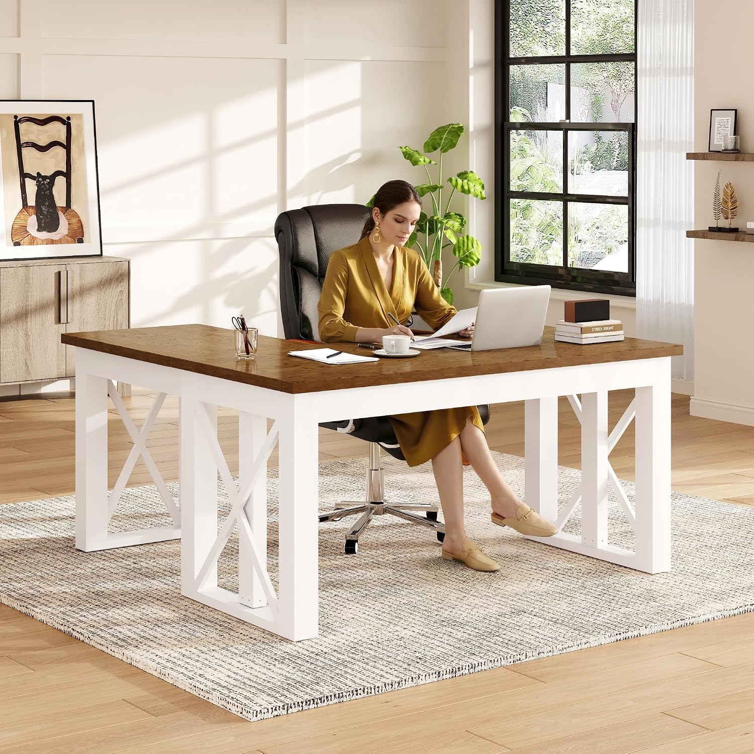 Setup Desk Monitor - Meja Kerja Berbentuk L dengan Laci,