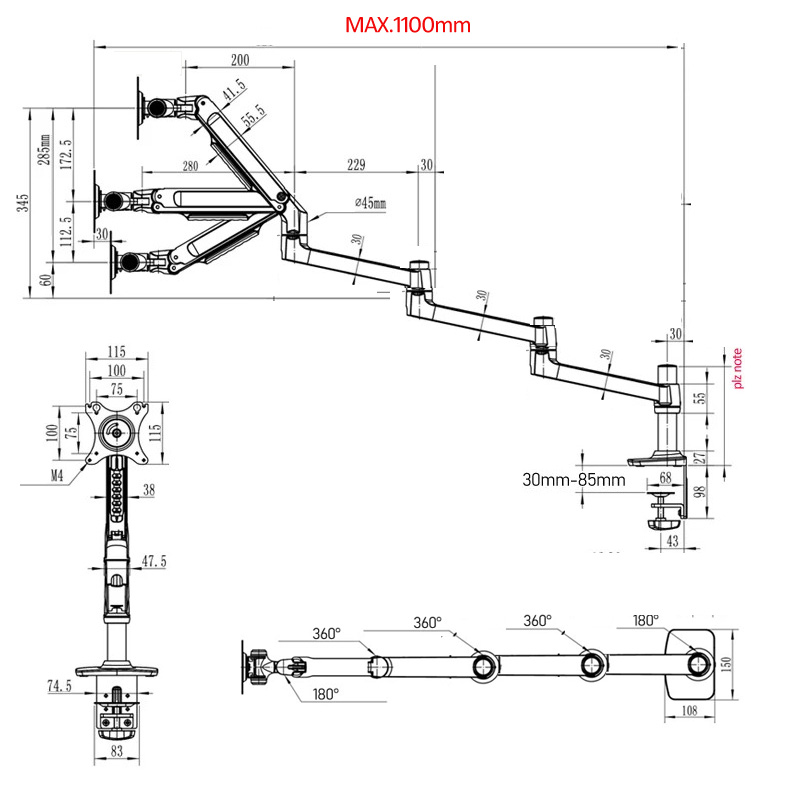 (1098mm) DL-8014 Penjepit Leng - Desk Setup Monitor Arm ulasan dan harga